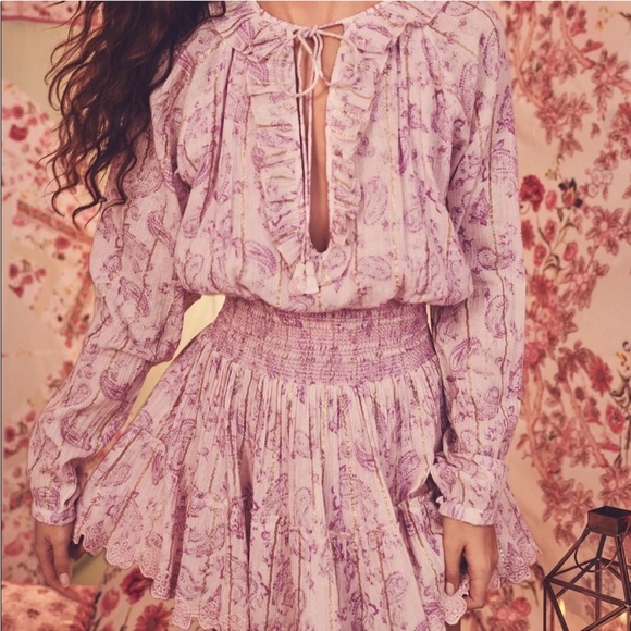 NWT House Of Harlow 1960 Ajay Ruffle Boho Purple Gold Mini Dress Size S - Picture 3 of 15